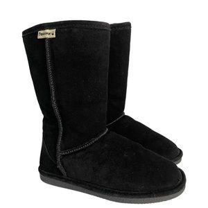 BearPaw Black Suede Elle Mid Calf Wool Blend Shearing Lined Slip On Winter Boots